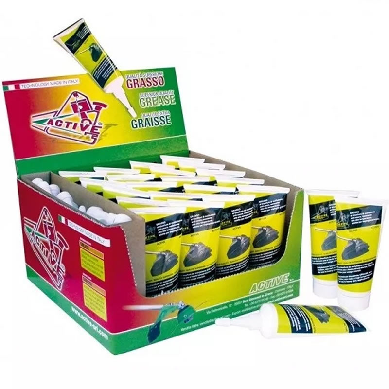 Active brush cutter grease. Box of yellow and black tubes of grasso per decespugliatore.