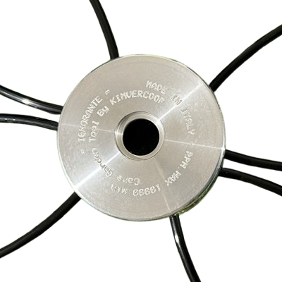 Close-up of an Ignorante garden tool by Kimuvercoop, made in Italy. Brush cutter head with nylon line.