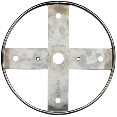 Metal wheel with a cross-shaped center. Garden tool component. Badante brand. Silver metal finish.