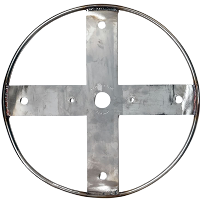 Badante Plus slide: Metal wheel with cross support. Industrial part with holes and welds.