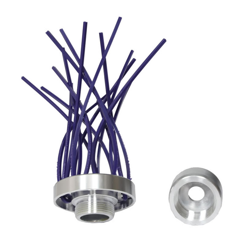 Brush cutter head with multiple purple plastic strands extending from a silver metal base, next to a small silver metal part.