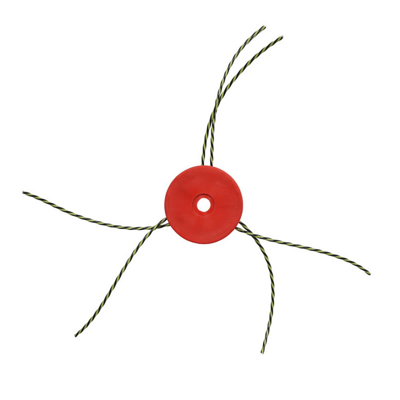 Red trimmer head with three twisted green and black cutting lines extending outwards.