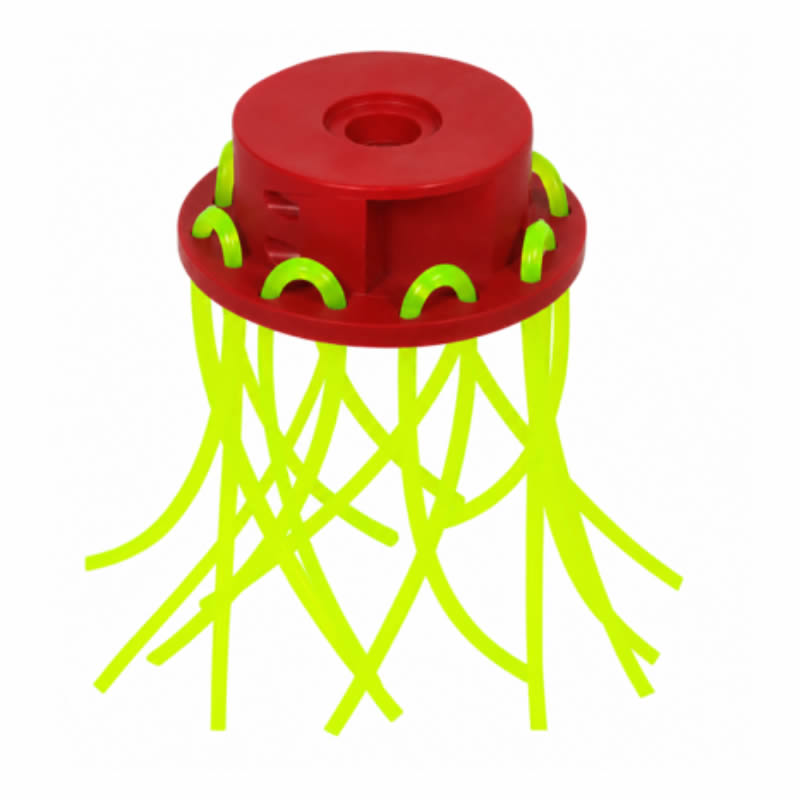 Close-up of a Giulia multi-line trimmer head featuring multiple neon-green nylon cutting lines looped through a circular red plastic base.