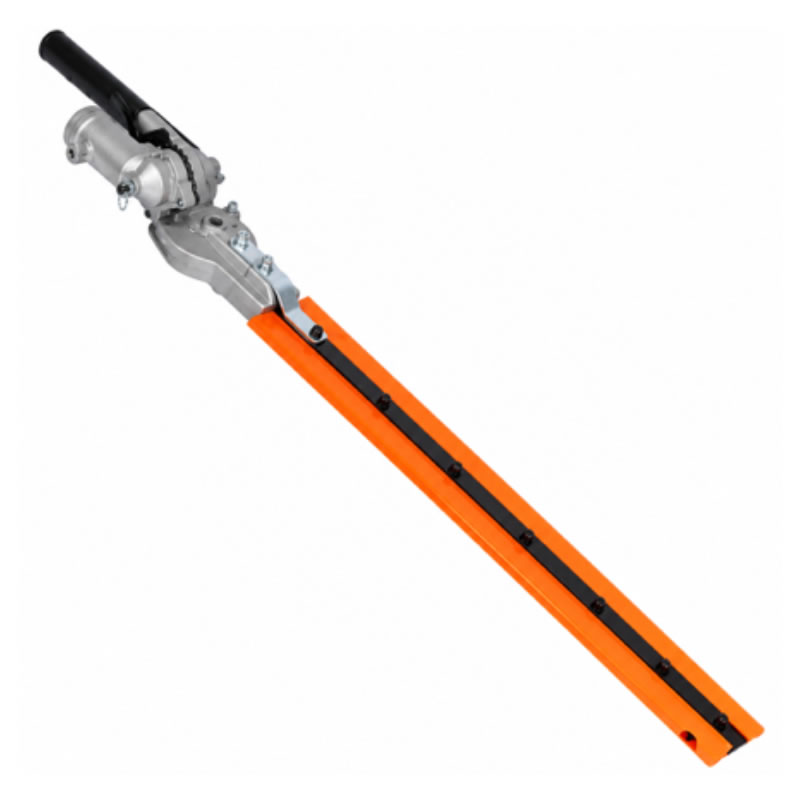 Hedge trimmer blade attachment for a brush cutter, featuring a protective bright orange plastic sheath covering the steel cutting bar.